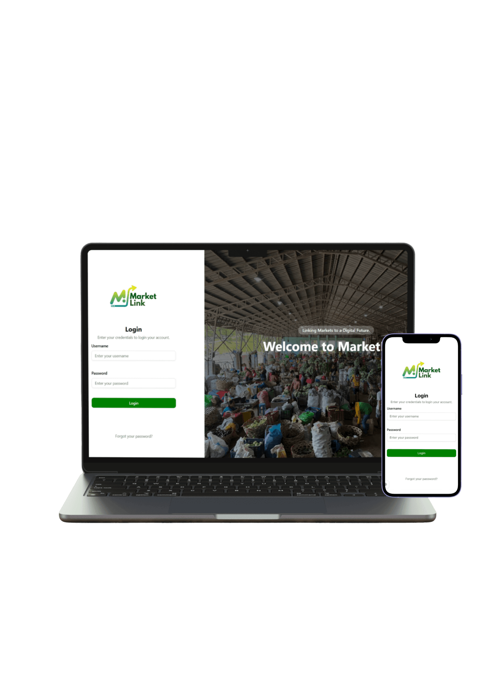 MarketLink platform preview across laptop and mobile.